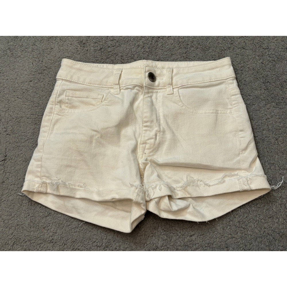 American Eagle Hi-Rise Shortie White Denim Cutoff Shorts Super Super Stretch 2